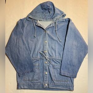 Vintage RETRO Denim Jean Long Jacket Oversized Buttons Sz L‎ Cotton Hooded Coat